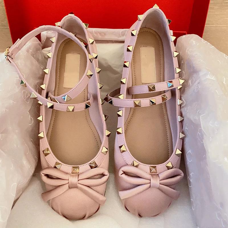 V's rivet satin ballet shoes women's 2023 new bow French single shoes flat Mary Jane princess shoes