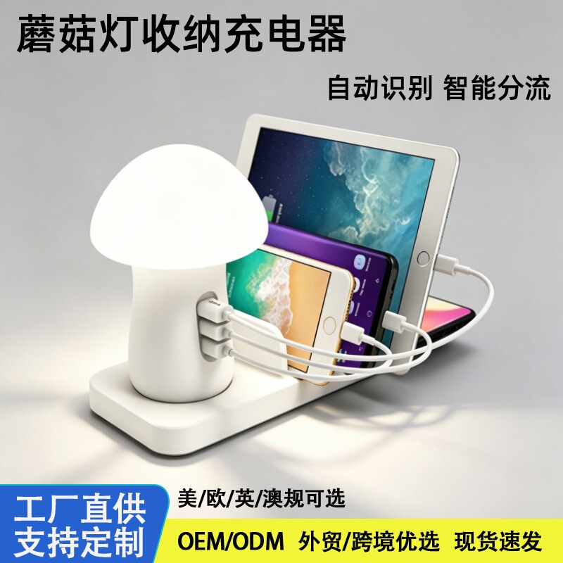 3-Port USB Mushroom Lamp Charger Qc3.0 Protocol Wireless Charging Multi-Function Storage Charging Stand Multi-Port Fast Charging