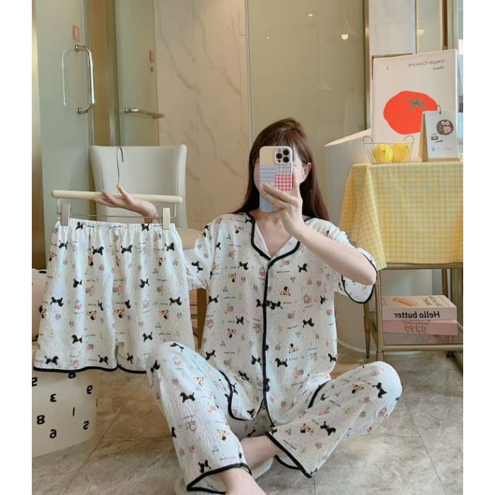 Cardigan transfronterizo al por mayor, pantalones de manga corta, pantalones cortos, pijamas de mujer de tres piezas, servicio a domicilio de solapa pequeña de verano