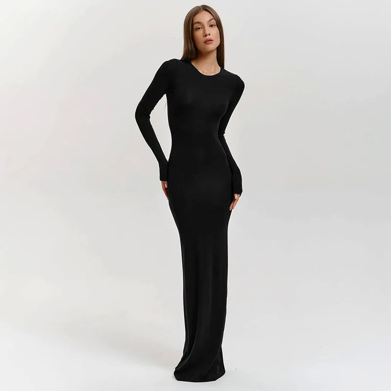 European and American Style Fashion Autumn New Women's Solid Color Round Neck Long Sleeve Waist-Cinching Bodycon Sexy Slim Dress European and American Style Fashion Autumn New Women's Solid Color Round Neck Long Sleeve Waist-Cinching Bodycon Sexy Slim Dress
