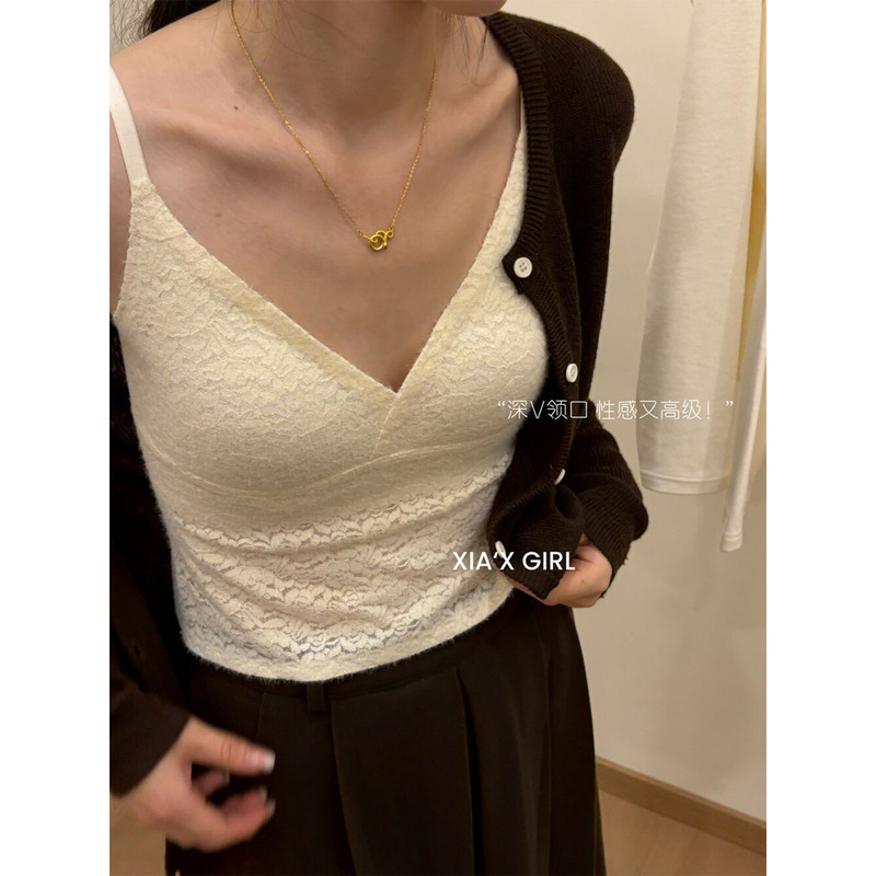 秋季新款羽毛蕾丝法式吊带背心女固定一体杯无痕保暖打底背心|undefined