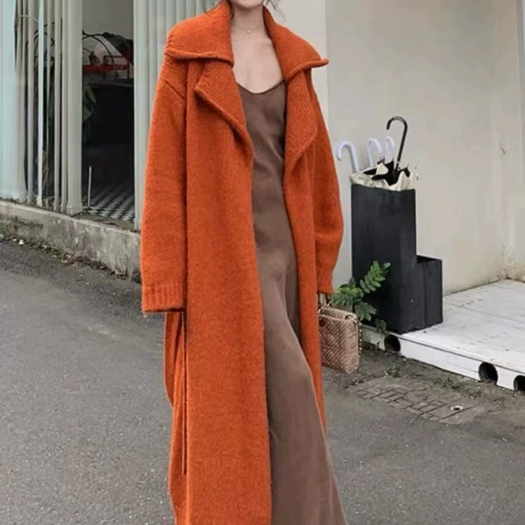 Европейский и американский стиль оранжевый длинный свитер пальто для женщин осень и зима Новый элегантный утолщенный ленивый Свободный вязаный кардиган