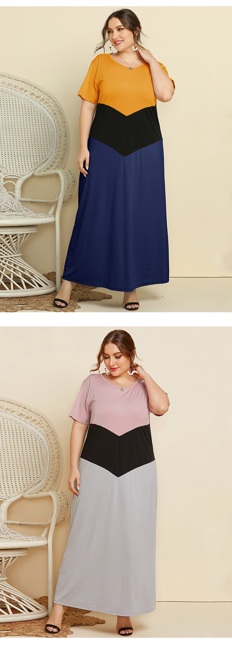 plus size color matching long short-sleeved dress  NSJR31232