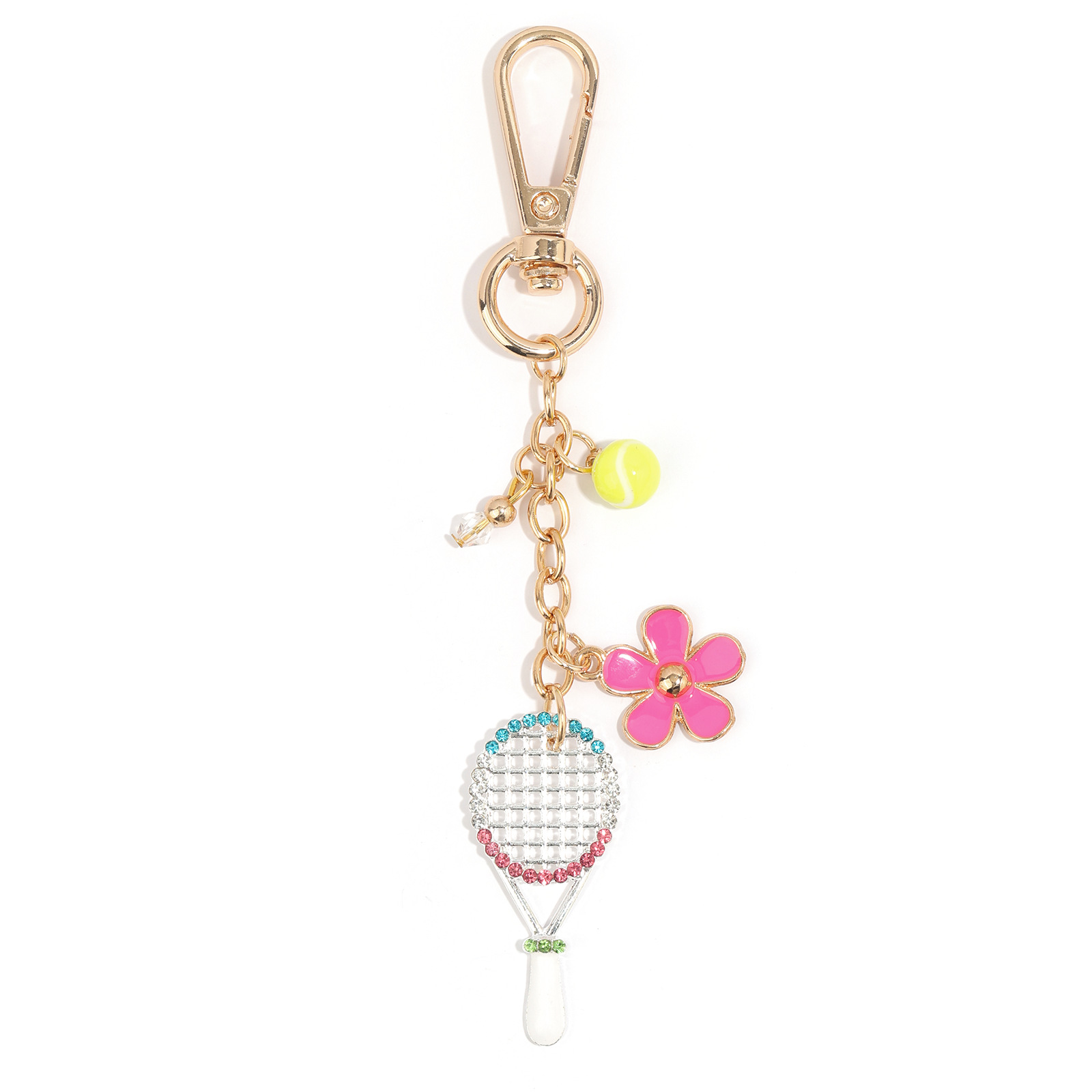 Diamond-Encrusted Flower Keychain Holiday Tennis Enthusiast Tennis Racket Sports Keychain Tennis Racket Keychain