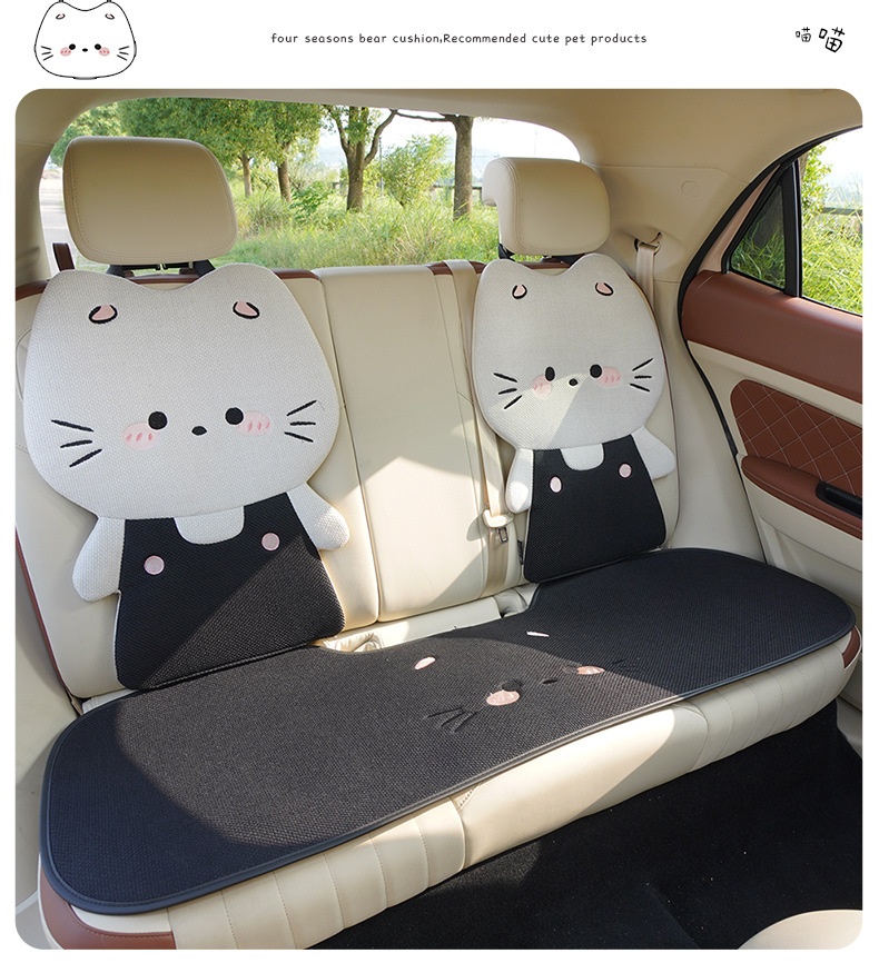 Linen Car Seat Cushion, Universal for All Seasons, Breathable Car Rear Seat Cushion, Stereo Cute Cat Cartoon, Cute Female Seat Cover