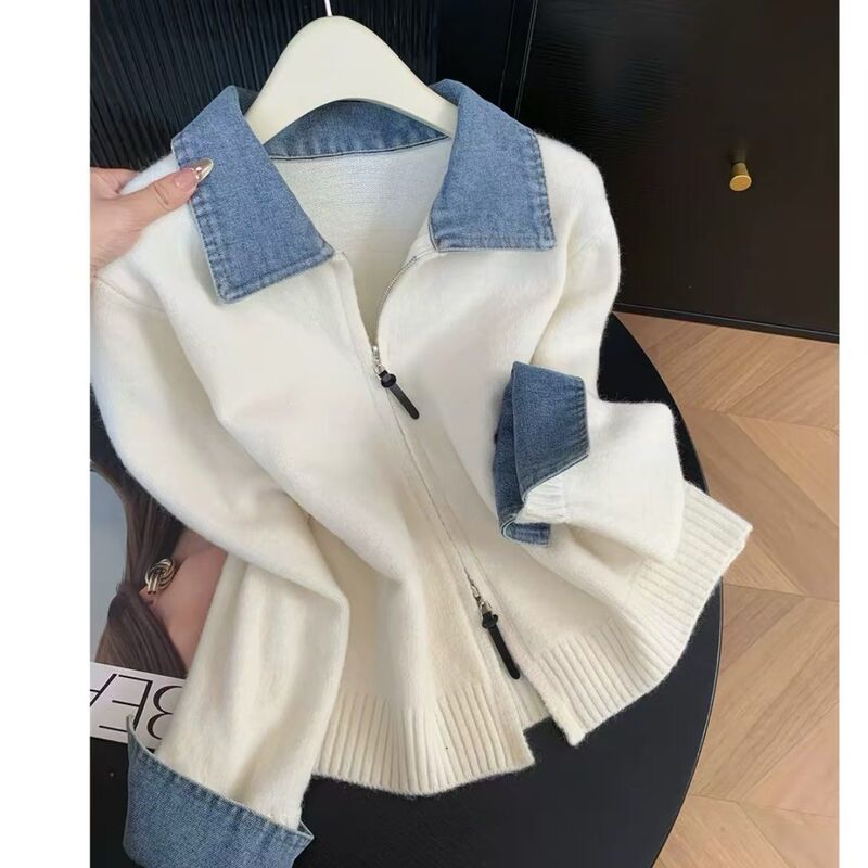 Real shot of the new early autumn vintage denim patchwork cardigan for women, versatile, slimming, with double zippers, stylish faux two-piece design Real shot of the new early autumn vintage denim patchwork cardigan for women, versatile, slimming, with double zippers, stylish faux two-piece design