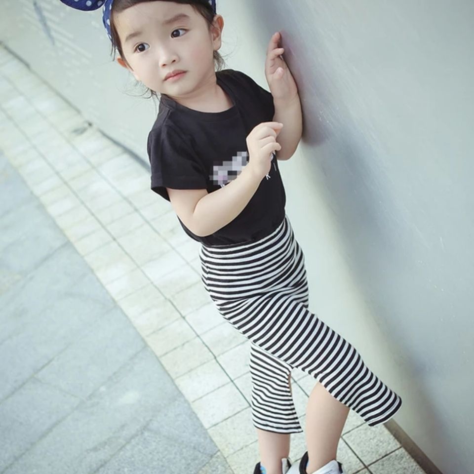 2020 New Girls' Hip-Hugging Skirt Korean Style Black and White Stripesd Slit Long Skirt Cotton Elastic Slim Versatile Half Skirt Summer