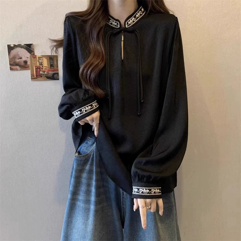 Оригинальное мастерство] Новый китайский стиль рубашка с воротником-стойкой в китайском стиле с пряжкой, Женская Весенняя рубашка больших размеров, темперамент для пухленькой, уменьшающий возраст, Свободный Топ