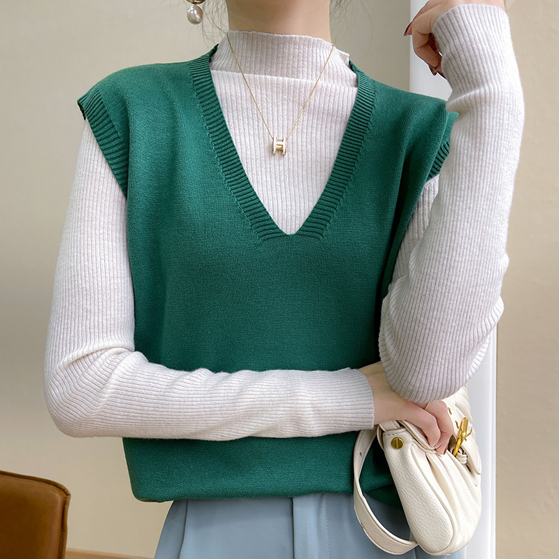 Spring Autumn Winter New Korean Style All-match V-neck Black Knitted Vest Women's Loose Japanese Sweater Vest for Outer Wear