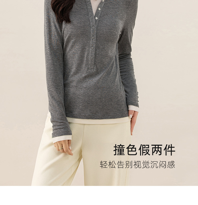 Áo thun giả hai mảnh nữ cổ tròn, chất len Tencel mỏng nhẹ, phối màu patchwork — đen chi tiết 16