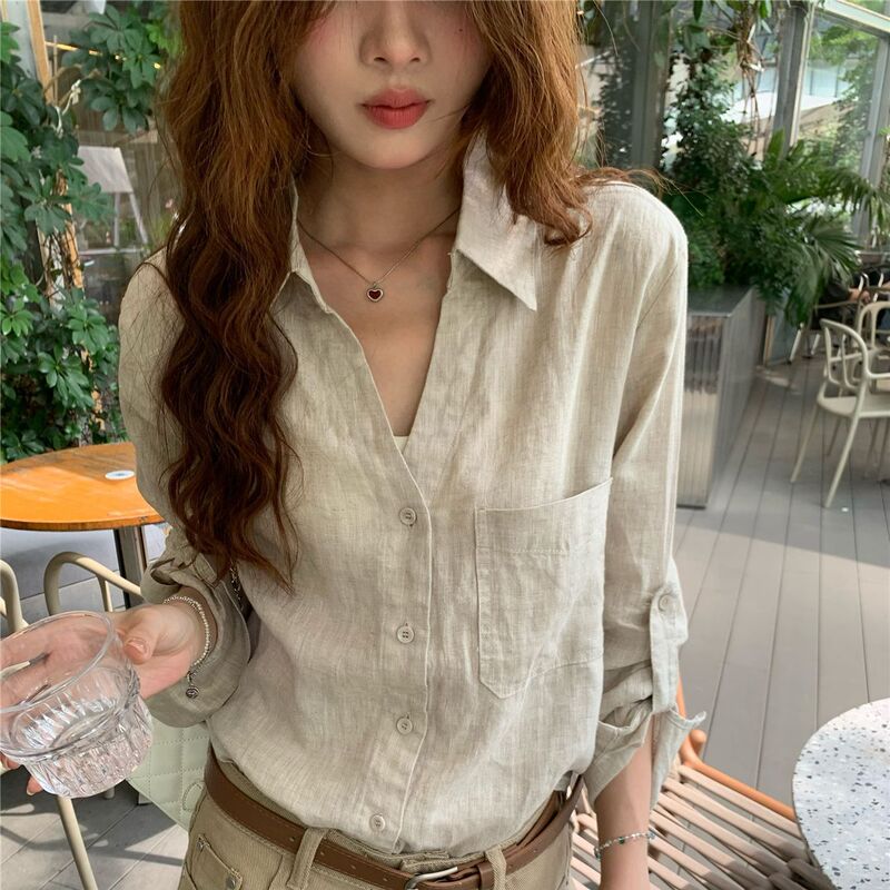老钱风松弛感阔版亚麻长袖衬衫女防晒衬衣设计感显瘦休闲百搭外套|undefined