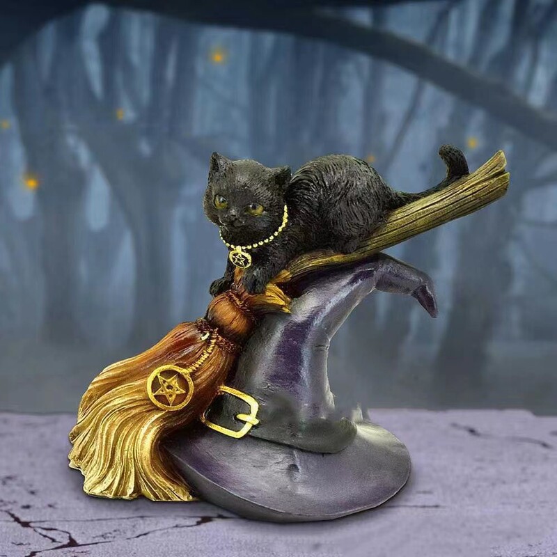 2025年越境ハロウィン魔気漂う黒猫オーナメント黒猫樹脂工芸品置物|undefined