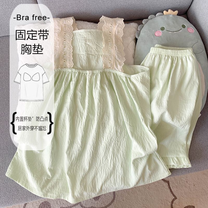 Pijamas para mujer con almohadilla para el pecho chaleco con borde de encaje verano pantalones cortos sin mangas de algodón de nube fina color sólido estilo princesa servicio a domicilio