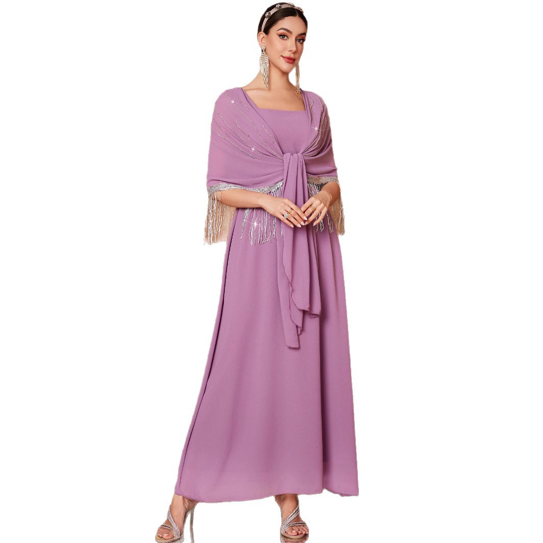 Evening Wear Asterism Sequin Tassel Shawl Fake Two-piece Silver Robe