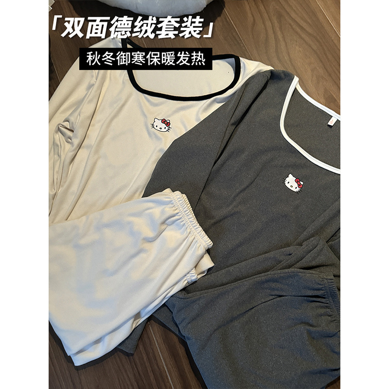 パジャマ女性秋冬両面デコルテ保温発熱下着かわいいベルベット修身底秋衣秋ズボンセット|undefined