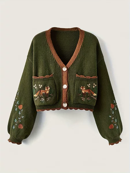 Women's Long-Sleeve V-Neck Button Pocket Sweater Top Cross-Border