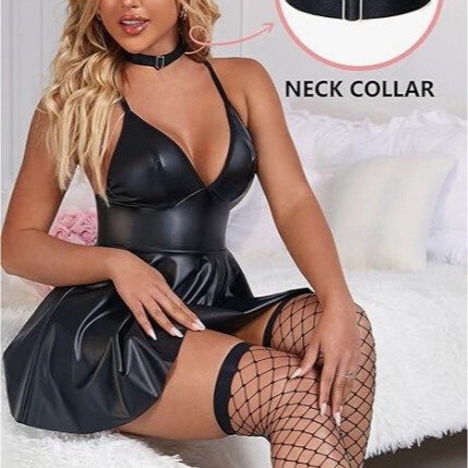 European and American Plus-Size Sexy Nightgown, New Halter-Neck Patent Leather Deep V Dress, Seductive and Sexy Sleepwear with Elasticity