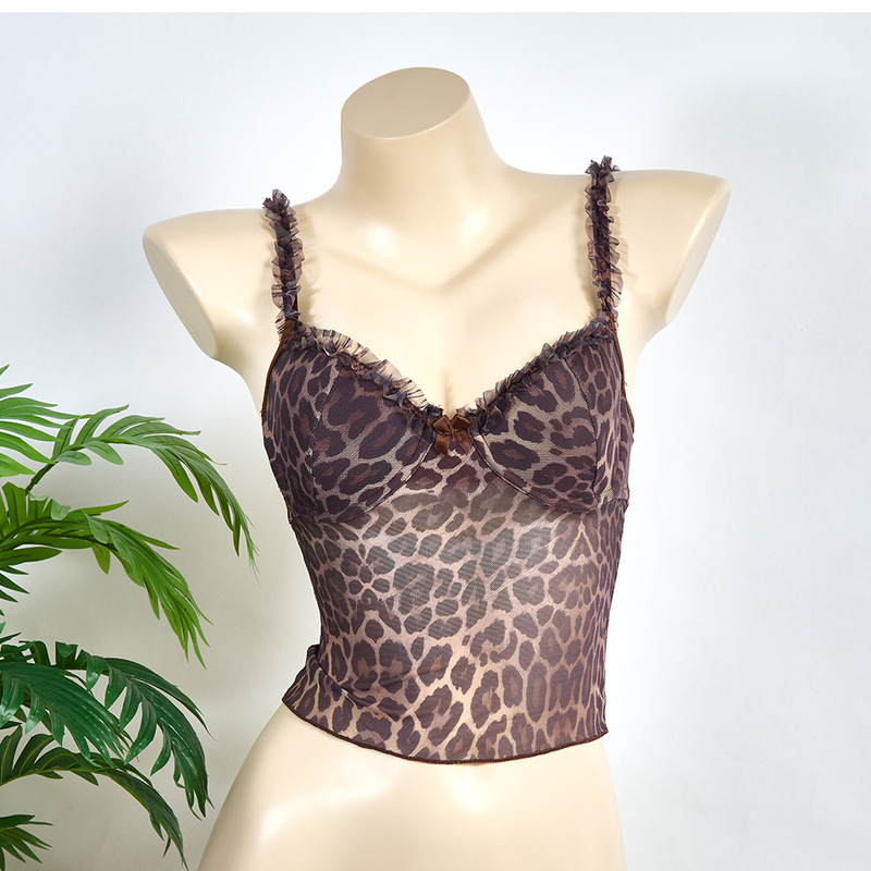 European and American Foreign Trade Cross-Border Women's Leopard Print Suspender Mesh Lace Steel Ring Body-Shaping Sexy Tube Top Backless See-Through Vest