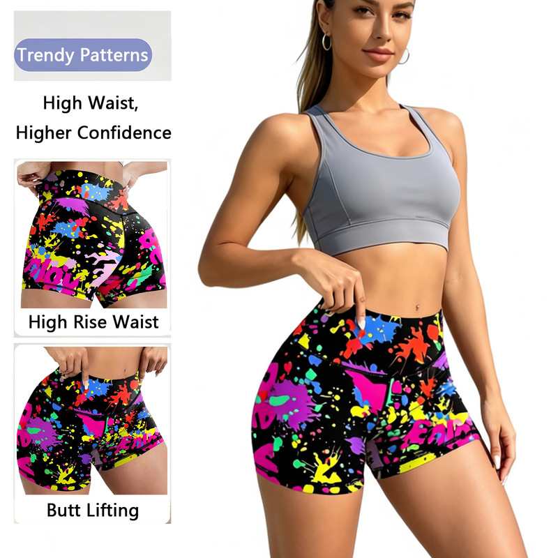 Cross-border exclusive women's high-waisted cycling shorts with colorful graffiti print, butt-lifting shorts, tummy control training yoga pants in stock Cross-border exclusive women's high-waisted cycling shorts with colorful graffiti print, butt-lifting shorts, tummy control training yoga pants in stock