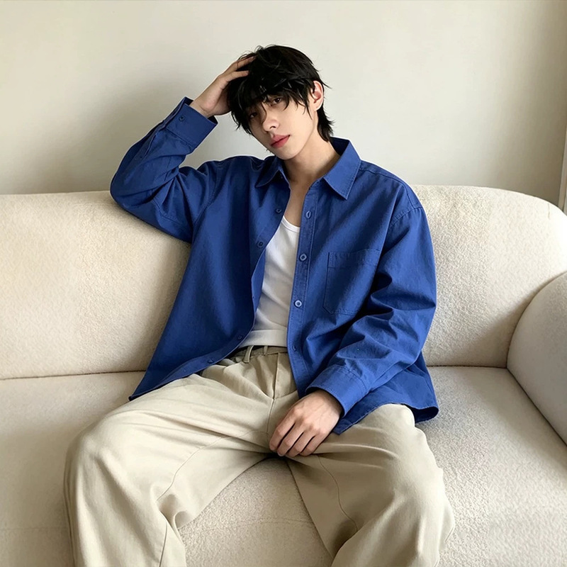 Klein blue long-sleeve shirt for men, spring and autumn trendy, stylish and casual, pure cotton, loose-fitting, lightweight jacket