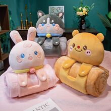 卡通动物立体卷毯法兰绒毯子办公室午睡抱枕毯子学生午休盖毯趴枕