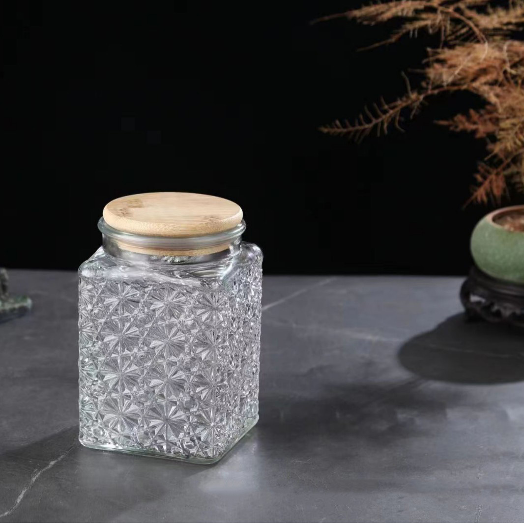 Tanque de almacenamiento de Begonia transparente, vidrio en relieve sellado, tanque cuadrado de cocina, botella de almacenamiento de condimentos caseros sellada para mantener fresco