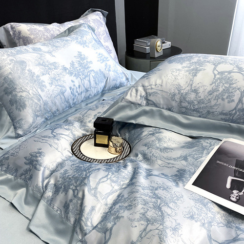 Washed silk four-piece set cool ice silk 60S Nordic style silky summer sleeping naked embroidered quilt cover bedding