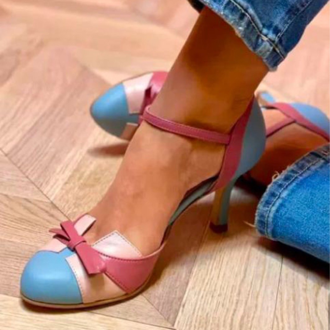 外贸款2025年夏季高跟时尚拼色40-43大码扣带中空凉鞋