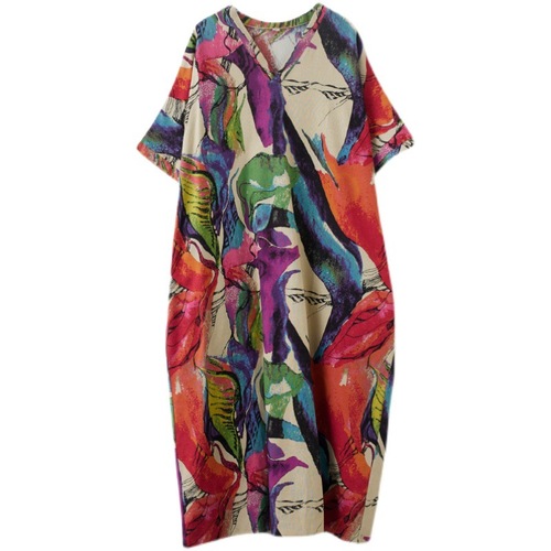 Simple vacation style long dress for women, summer cotton linen printed V-neck loose plus-size beach dress for women