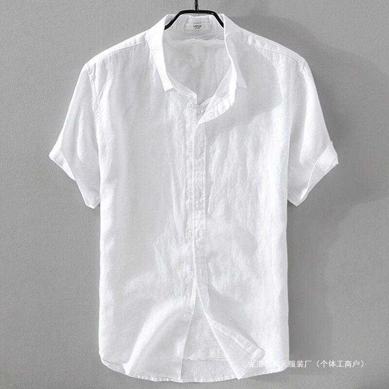 Breathable Pure Linen Shirt, Summer Men's Short-Sleeved Loose Top, Thin White Cotton-Linen Shirt with a Turn-Down Collar