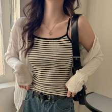 黑色条纹吊带背心女夏设计感小众薄款细肩带撞色无袖内搭上衣外穿