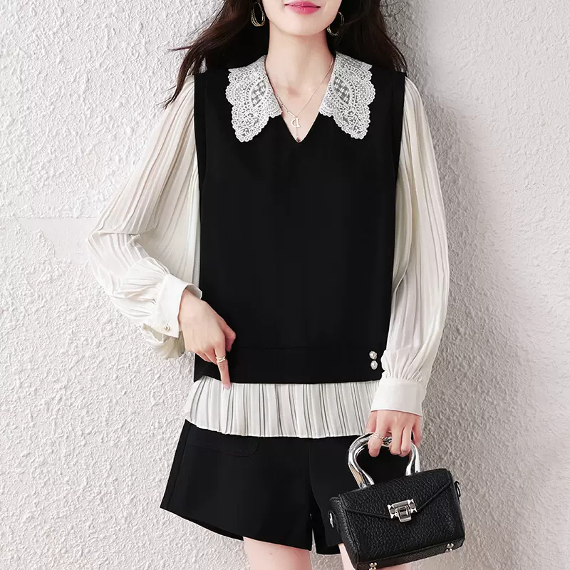 经典时光 蕾丝拼接假两件衬衫女秋时尚气质显瘦上衣