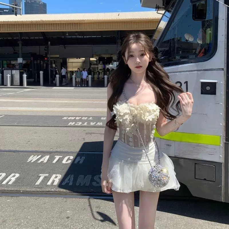 性感辣妹仿鱼骨网纱微透堆叠立体花朵抹胸背心超仙显瘦网纱背心女