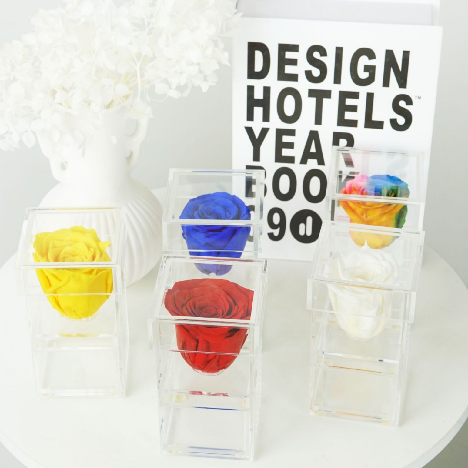 Amazon suministro de comercio exterior flor eterna acrílico 1 Agujero con cajón caja de almacenamiento Rosa caja de flores caja de regalo al por mayor