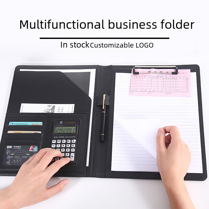 (2개) 파일 폴더, 비즈니스 가죽, 인쇄 가능한 로고, 사무용품 정보 폴더, 계산기 보드 클립, 측정 바인더