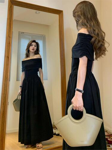 668 Women's Black One-Shoulder Dress 2025 High-End Elegant Shoulder-Strap Body-Con Long Dress Bustier Dress