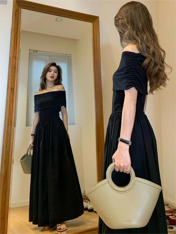 668# Two Wear Black off-shoulder dress Women's 2025 High-grade Temperament Shoulder-exposed Waist Long Dress Strapless Skirt