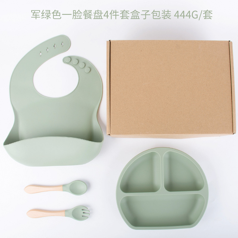 밀리터리 그린 4피스 디너 접시 세트(턱받이 + 디너 접시 + 나무 손잡이 포크와 스푼) + 비행기 케이스 DM-228-15