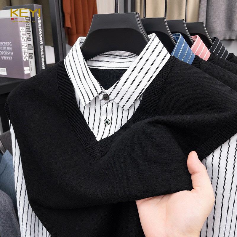Men's Fake Two-Piece Knitwear Spring & Fall New Stripesd Shirt Collar Knitwear Men's Wool Top Single Wear Vest