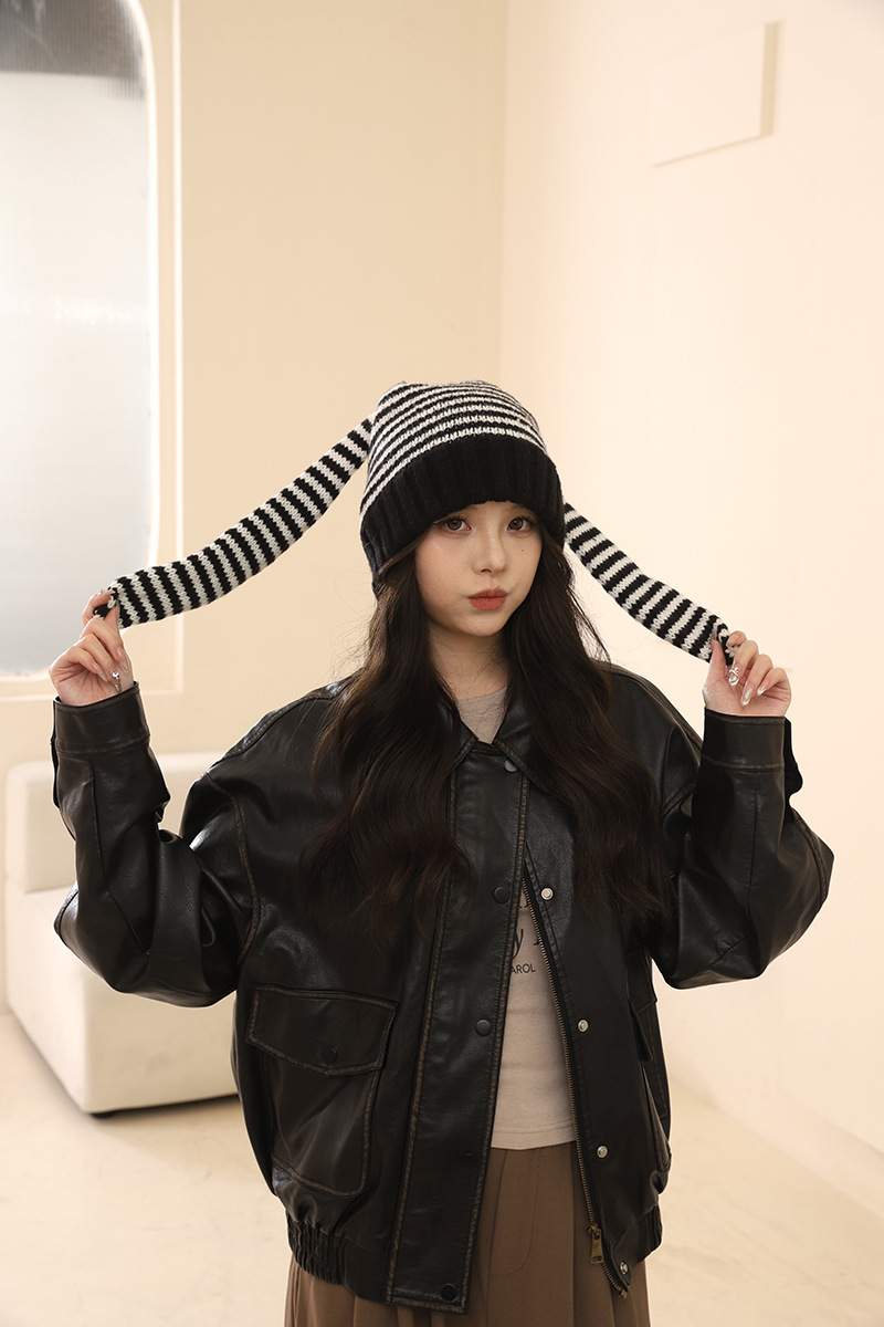 Corée du Sud Chine-Chic Marque Mignon Oreille De Lapin Tricoté Rayé Pull Laine Enfants y2k Shopping Mode Chaud Froid Chapeau_voghion.com