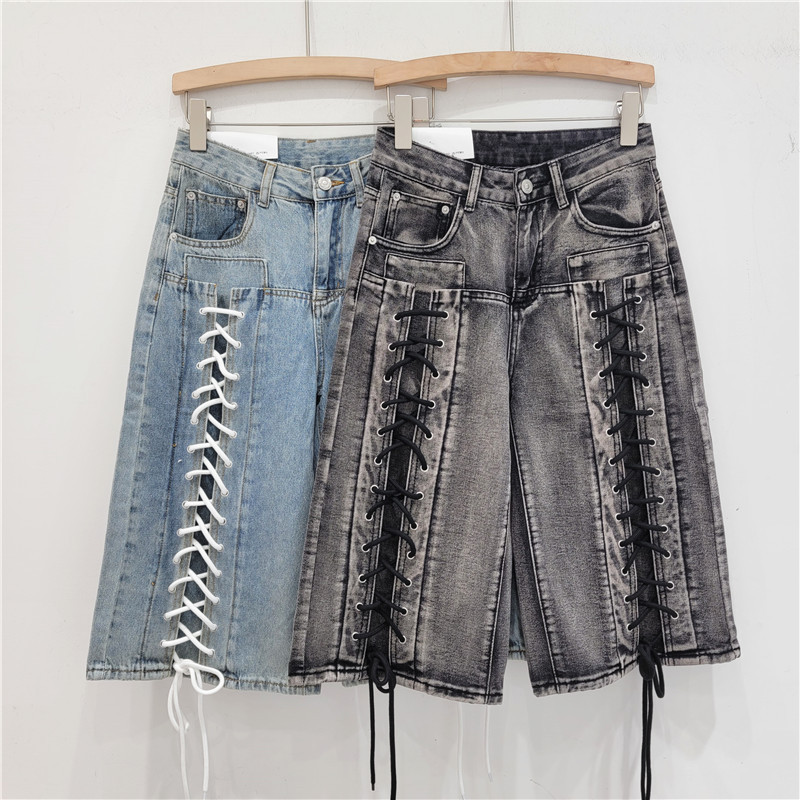 Pantalones Cortos de Mezclilla con Cordón para Mujer de Mezclilla Lavado