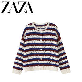 ZAZA 自制欧美风 批发女装 时尚百搭气质长袖圆领镂空条纹针织外