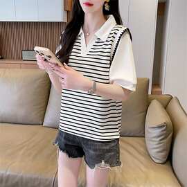 NUNBAI条纹翻领Polo衫女短袖2026新款夏季设计感洋气拼接T恤假两