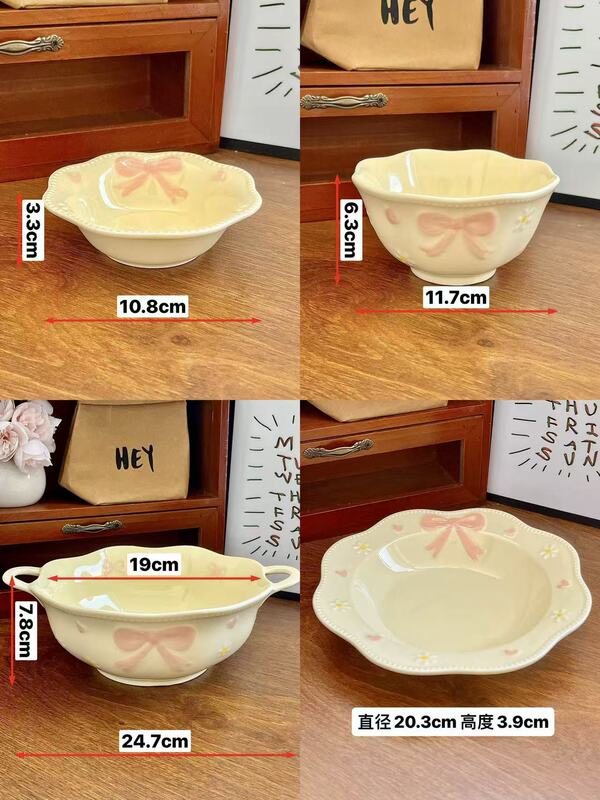 ♔ Girl's Embossed Bowknot Household Tableware Set with High Aesthetic Design and Underglaze Color, Including Soup Bowl, Rice Bowl, and Plates