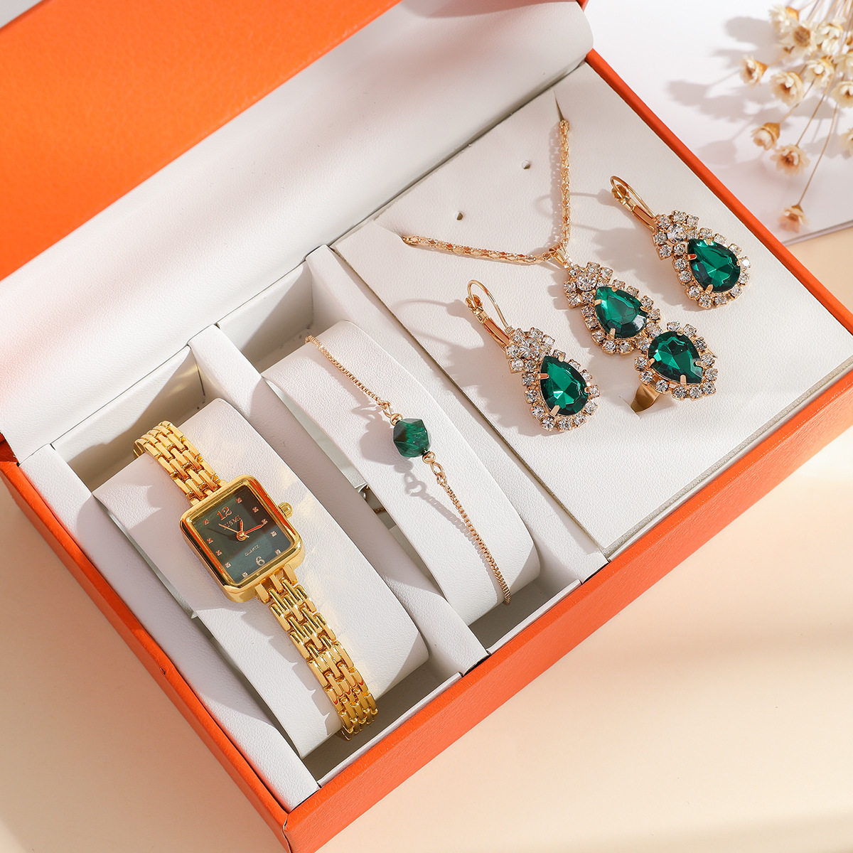 Neue damen stilvolle kleine platz smaragd quarzuhr set 5 teile/satz_voghion.com