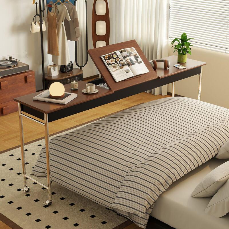 Dynamic Island Cross-Bed Table, Vintage Solid Wood Bedside Table, Home Use Movable Desk, Bedroom End-Of-Bed Lazy Computer Long Table Dynamic Island Cross-Bed Table, Vintage Solid Wood Bedside Table, Home Use Movable Desk, Bedroom End-Of-Bed Lazy Computer Long Table