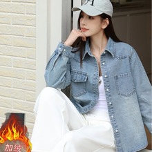 实拍加绒加厚秋冬新款韩版复古时尚休闲牛仔长袖衬衣外套女
