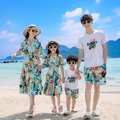 Beach Couple Summer Wear  Dress Suit Seaside Casual Vacation Couple Wear Parent-child Family of Four