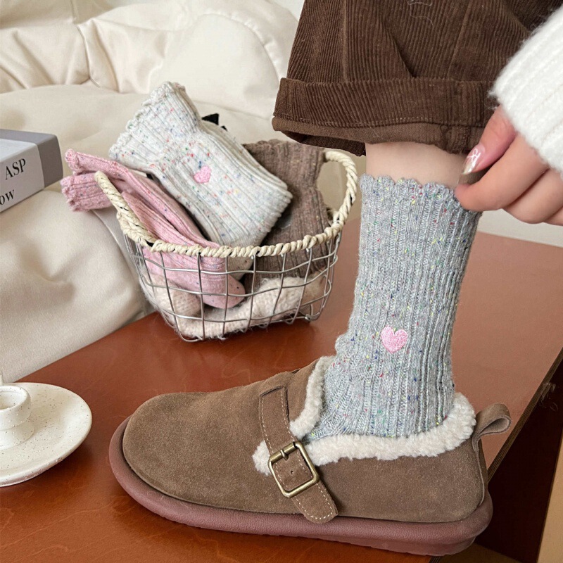 Knock thick "love embroidered dotted yarn wool socks women's mid-calf length socks autumn and winter warm Korean ins with snow boots Knock thick "love embroidered dotted yarn wool socks women's mid-calf length socks autumn and winter warm Korean ins with snow boots