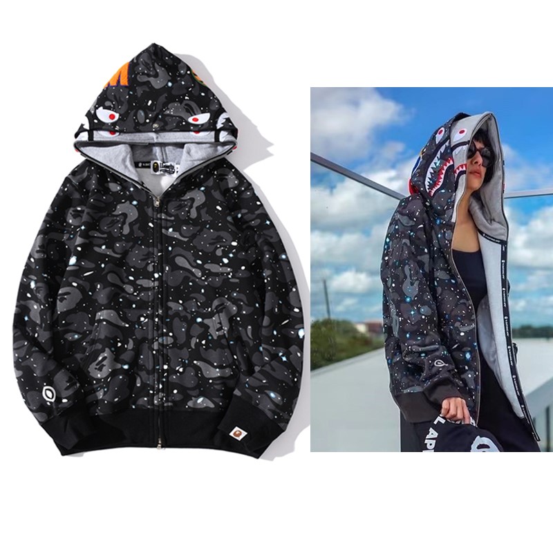 猿人APE サメと虎の頭刺繍入り迷彩柄ダブルハットスウェットシャツ メンズ ゆったりカーディガン ジップアップフード付きジャケット 夜光